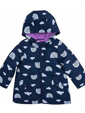 Carter's Navy Hooded Raincoat with White Rainbow Print and Purple Lining